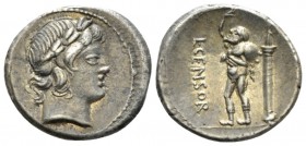 L. Marcius Censorinus. Denarius circa 82, AR 18.5mm., 3.88g. Laureate head of Apollo r. Rev. L·CENSOR Marsyas walking l. with r. arm raised and holdin...