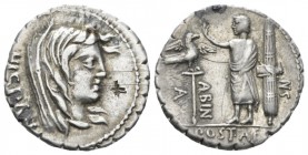 A. Postumius Albinus. Denarius serratus circa 81, AR 18.8mm., 3.79g. HISPAN Veiled head of Hispania r. Rev. A – POST·A·F – ·S·N – ALBIN Togate figure ...