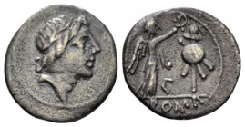Anonymous issues. Quinarius uncertain mint 81, AR 14.5mm., 1.68g. Laureate head of Apollo r. Rev. Victory standing r., crowning trophy; in between, D....