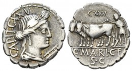 C. Marius C.f. Capito. Denarius serratus circa 81, AR 18mm., 3.84g. Draped bust of Ceres r.; around, CAPIT – inverted T; in r. field, control mark. Re...