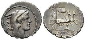 L. Procilius. Denarius serratus circa 80, AR 20.5mm., 3.68g. Head of Juno Sospita r.; behind, S·C. Rev. Juno Sospita in prancing biga r., holding shie...