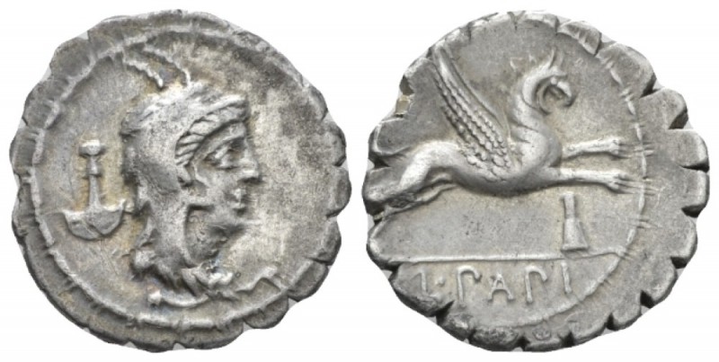 L. Papius. Denarius serratus circa 79, AR 19mm., 3.76g. Head of Juno Sospita r.;...