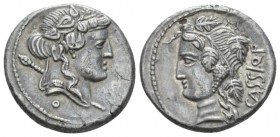 L. Cassius Q. f. Denarius Fouree circa 78, AR 17.5mm., 3.26g. Ivy-wreathed head of Liber r., with thyrsus over shoulder. Rev. L·CASSI·Q·F Vine-wreathe...