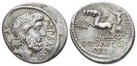 P. Plautius Hypsaeus. Denarius circa 60, AR 18.5mm., 3.74g. P·YPSAE·S·C Head of Neptune r.; in l. field, trident. Rev. CEPIT Jupiter in quadriga l., h...