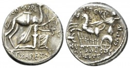 M. Aemilius Scaurus, P. Plautius Hypsaeus. Denarius circa 58, AR 17mm., 3.89g. M·SCAVR / AED·CVR Kneeling figure r., holding olive branch and reins of...