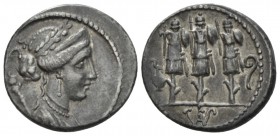 Faustus Cornelius Sulla. Denarius circa 56, AR 18.8mm., 3.38g. Laureate, diademed and draped bust of Venus r.; behind, sceptre. Above, S·C. Rev. Three...