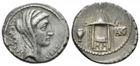 Q. Cassius Longinus. Denarius circa 55, AR 19.5mm., 3.92g. Q·CASSIVS – VEST Veiled head of Libertas r. Rev. Temple of Vesta with curule chair inside; ...