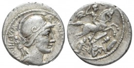 P. Fonteius P. f. Capito. Denarius circa 55, AR 17.5mm., 3.87g. P· – FONTEIVS·P·F – CAPITO·III·VIR Helmeted and draped bust of Mars r., with trophy ov...