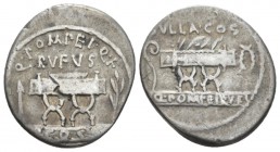 Q. Pompeius Rufus. Denarius circa 54, AR 18mm., 3.69g. Q·POMPEI·Q·F / RVFVS Curule chair; on l., arrow and on r., laurel branch; below, COS on tablet....