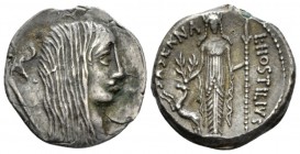 L. Hostilius Saserna. Denarius circa 48, AR 18mm., 2.45g. Female head r. with long hair; behind, carnyx. Rev. L·HOSTILIVS – SASERNA Artemis standing f...