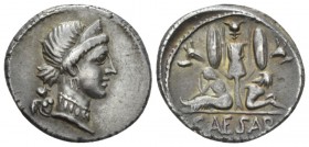 C. Iulius Caesar. Denarius Spain 46-45, AR 18mm., 3.98g. Diademed head of Venus r.; behind, Cupid. Rev. Two captives seated at sides of trophy with ov...