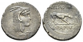 L. Papius Celsius. Denarius circa 45, AR 19mm., 3.51g. Head of Juno Sospita r. Rev. CELSVS·III·VIR Wolf r., placing stick on fire; on r., eagle fannin...