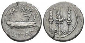Marcus Antonius. Denarius mint moving with M. Antony 32-31, AR 17.5mm., 3.55g. ANT AVG - III·VIR·R·P·C Galley r., with sceptre tied with fillet on pro...