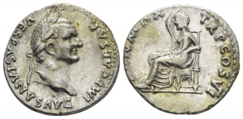 Vespasian, 69-79 Denarius fouree circa 75, AR 18mm., 2.94g. Laureate head r. Rev...