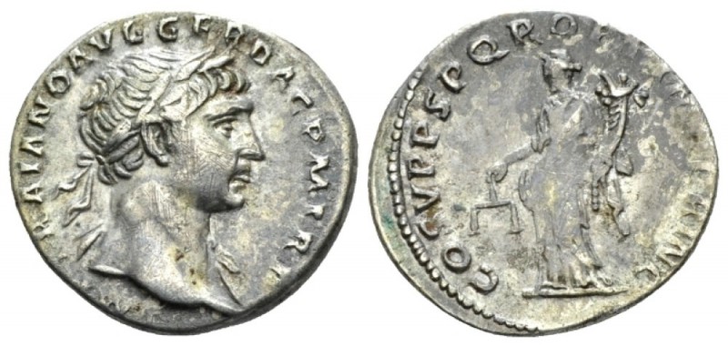 Trajan, 98-117 Denarius circa 101-102, AR 18mm., 3.20g. Laureate bust r., with d...