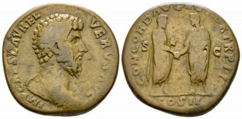 Lucius Verus, 161-169 Sestertius circa 161-162, Æ 32mm., 25.03g. Bare-headed and...