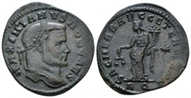 Galerius Maximianus Caesar, 293-305 Follis Rome circa 302-303, Æ 28.5mm., 8.34g. Laureate head r. Rev. Moneta standing l., holding scales and cornucop...