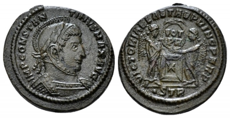 Constantine I, 307-337 Follis Trier 319, Æ 16mm., 3.44g. Helmeted, laureate and ...