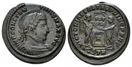 Constantine I, 307-337 Follis Trier 319, Æ 16mm., 3.44g. Helmeted, laureate and cuirassed bust r. Rev. Two Victories holding shield inscribed VOT PR o...