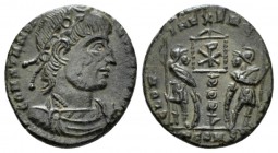 Constantine I, 307-337 Follis Arles circa 336, Æ 12mm., 1.77g. Rosette-diademed, draped, and cuirassed bust r. Rev. Two soldiers standing facing one a...
