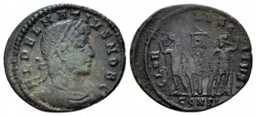 Delmatius caesar, 335-337 Æ1 Constantinopolis circa 335-337, Æ 15mm., 1.53g. Laureate, draped and cuirassed bust r. Rev. Two soldiers, each holding sp...
