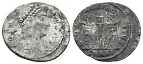 Constans, 337-350 Follis Antioch circa 337-347, AR 17.5mm., 1.42g. Pearl-diademed head r. Rev. GLORIA EXERCITVS Two soldiers standing facing, holding ...