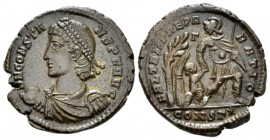Constans, 337-350 Æ2 Constantinople circa 348-350, Æ 22mm., 4.33g. Pearl-diademed, draped bust l., holding globe in l. hand. Rev. FEL TEMP.REPA - RATI...