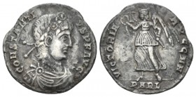 Constantius II, 337-361 Siliqua Arelate circa 340-350, AR 18mm., 2.03g. Rosette-diademed and draped bust r. Rev. Victpry advancing l., holding wreath ...