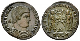 Magnentius, 350-353 Æ2 Lugdunum circa 350-353, Æ 22mm., 5.07g. Bareheaded, draped, and cuirassed bust r.; behind, A. Rev. Two Victories facing each ot...