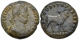 Julian II, 360-363 Follis Constantinopolis circa 361-363, Æ 27mm., 7.61g. Pearl-diademed, draped and cuirassed bust r. Rev. Bull standing r.; above, t...