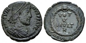 Jovian , 363-364 Æ3 Aquileia circa 363-364, Æ 20mm., 3.13g. Pearl-diademed, draped and cuirassed bust r. Rev. VOT V MVLT X in four lines within wreath...