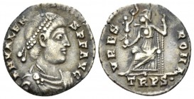 Valens, 364-378 Siliqua Treveri circa 367-375, AR 18mm., 1.91g. Pear-diademed and draped bust r. Rev. Roma seated l., holding sceptre and Victory on g...