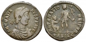 Gratian, 367-383 Æ2 Siscia circa 378-383, Æ 24.6mm., 4.75g. Pearl-diademed, draped, and cuirassed bust r. Rev. The Emperor standing l., raising kneeli...