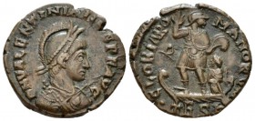 Valentinian II, 375-392 Æ2 Thessalonica circa 383-384, Æ 21.9mm., 5.15g. Pearl-diademed, helmeted, draped, and cuirassed bust r., holding spear and sh...