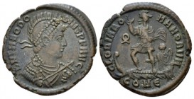 Theodosius I, 379-395 Æ2 Roma circa 378-383, Æ 25mm., 7.25g. Perdiademed, draped and cruiassed bust r. Rev. Emperor standing l., with r. hand raising ...