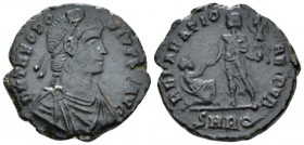 Theodosius I, 379-395 Æ2 Constantinopolis circa 378-383, Æ 23mm., 4.42g. D N THEODO-SIVS P F AVG Helmeted, diademed, draped and cuirassed bust r.,hold...