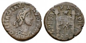 Magnus Maximus, 383-388 Æ4 Arelate circa 383-388, Æ 13.3mm., 1.25g. Pearl-diademed, draped, and cuirassed bust r. Rev. Camp gate with star between its...