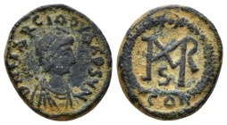 Marcian, 450-457 Æ4 circa 450-457, Æ 13mm., 2.60g. Diademed and draped bust r. Rev. Monogram. RIC–. cf. Savoca Blue auction 7, 2018, 1695.

Very Fin...