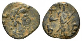 Leo I, 457-474 Æ4 uncertain mint circa 457-474, Æ 10mm., 1.14g. Diademed and draped bust r. Rev. Empress standing facing, holding cross on globe and t...