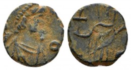 Leo I, 457-474 Æ uncertain mint circa 457-474, Æ 10mm., 1.00g. Diademed and draped bust r. Rev. Empress standing facing, holding cross on globe and tr...