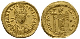 Anastasius I, 491 -518 Solidus 497-518, AV 20.5mm., 4.19g. D N ANASTA – SIVS PP AVG Helmeted, pearl-diademed and cuirassed bust facing three-quarters ...
