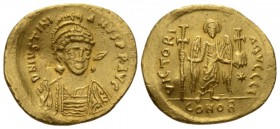 Justinian I, 527 – 565 Solidus Constantinople circa 538-545, AV 18mm., 4.48g. Helmeted, pearl-diademed and cuirassed bust three-quarters facing, holdi...