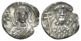 Romanus IV, 1068-1071. 1/3 Miliaresion circa 1068-1071, AR 13mm., 0.46g. Facing bust of Christ. Rev. Facing bust, holding cross. DO 7. Sear 1865A.

...