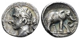 Hispania, Hispano-Carthaginian issues. Carthago Nova Quarter shekel circa 221-206 BC, AR 13.6mm., 1.80g. Laureate head (Melqart or Hannibal) l., with ...