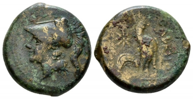 Campania, Cales Bronze circa 265-240, Æ 18mm., 6.13g. Helmeted head of Athena l....