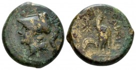 Campania, Cales Bronze circa 265-240, Æ 18mm., 6.13g. Helmeted head of Athena l. Rev. Cock standing r.; star to upper l. SNG ANS 188. Historia Numorum...