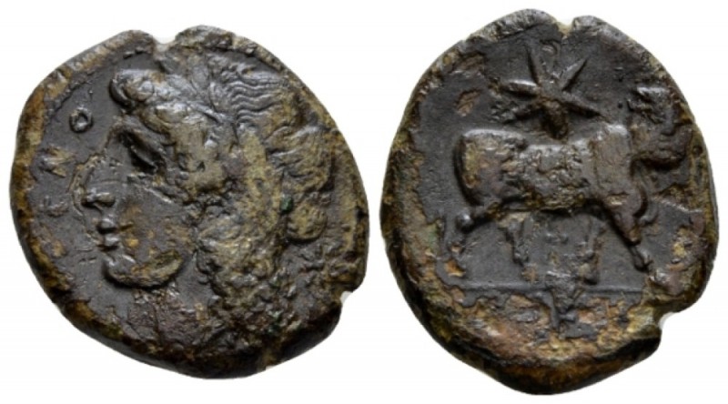 Campania, Cales Bronze circa 265-240, Æ 23mm., 6.45g. Laureate head of Apollo l....