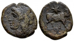 Campania, Cales Bronze circa 265-240, Æ 23mm., 6.45g. Laureate head of Apollo l. Rev. Man-faced bull advancing r.; above, star. SNG ANS 183. Historia ...