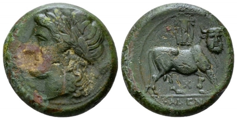 Campania, Cales Bronze circa 265-240, Æ 22mm., 6.75g. Laureate head of Apollo l....