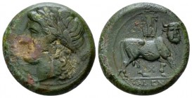 Campania, Cales Bronze circa 265-240, Æ 22mm., 6.75g. Laureate head of Apollo l.; behind, cock standing r. Rev. Man-headed bull standing r., head faci...